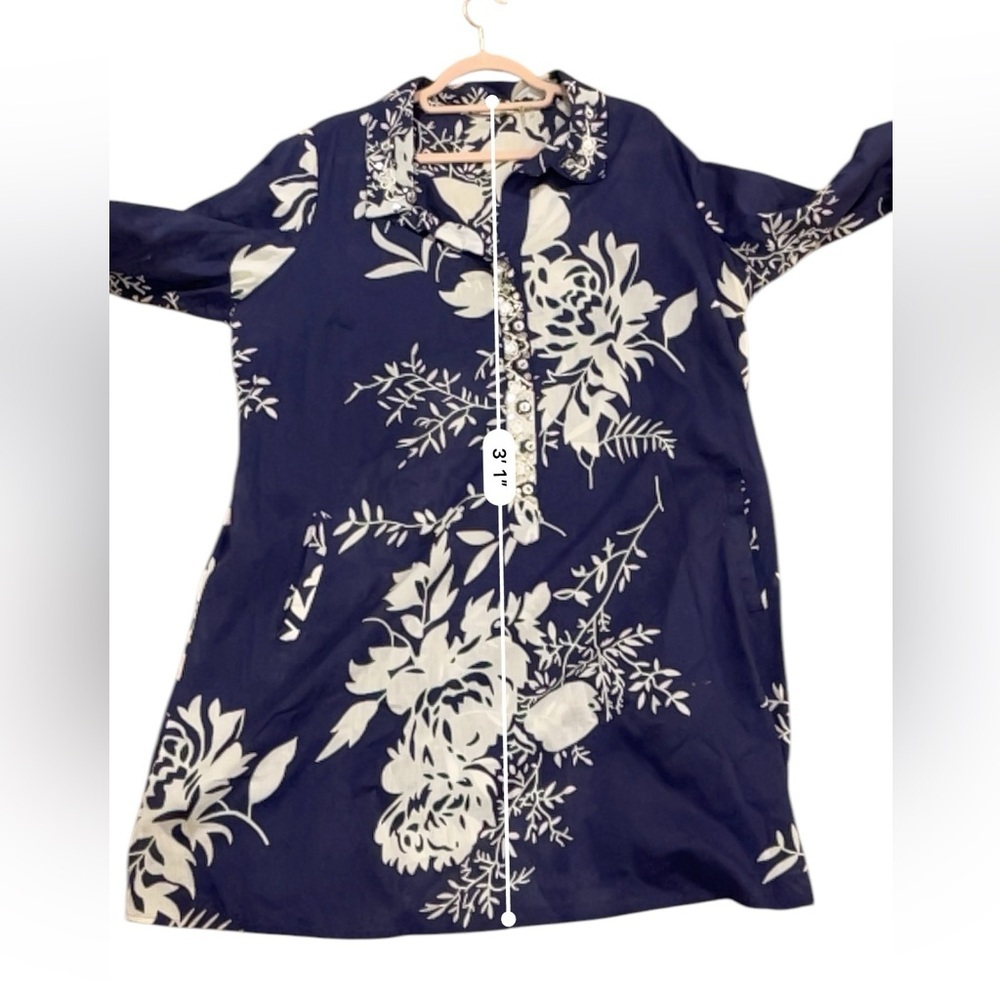 Soft Surroundings beaded tunic cotton blue white leaf print embellished 1X - Picture 5 of 12